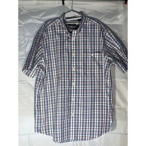 Orvis Mens XL Blue Red Plaid Short Sleeve Button Down Wrinkle Free Cotton Shirt